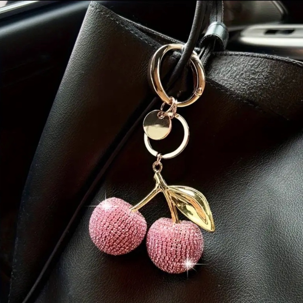 Sparkling Rhinestone-Embellished PINK Cherry Keychain Large Buckle Bag Charm